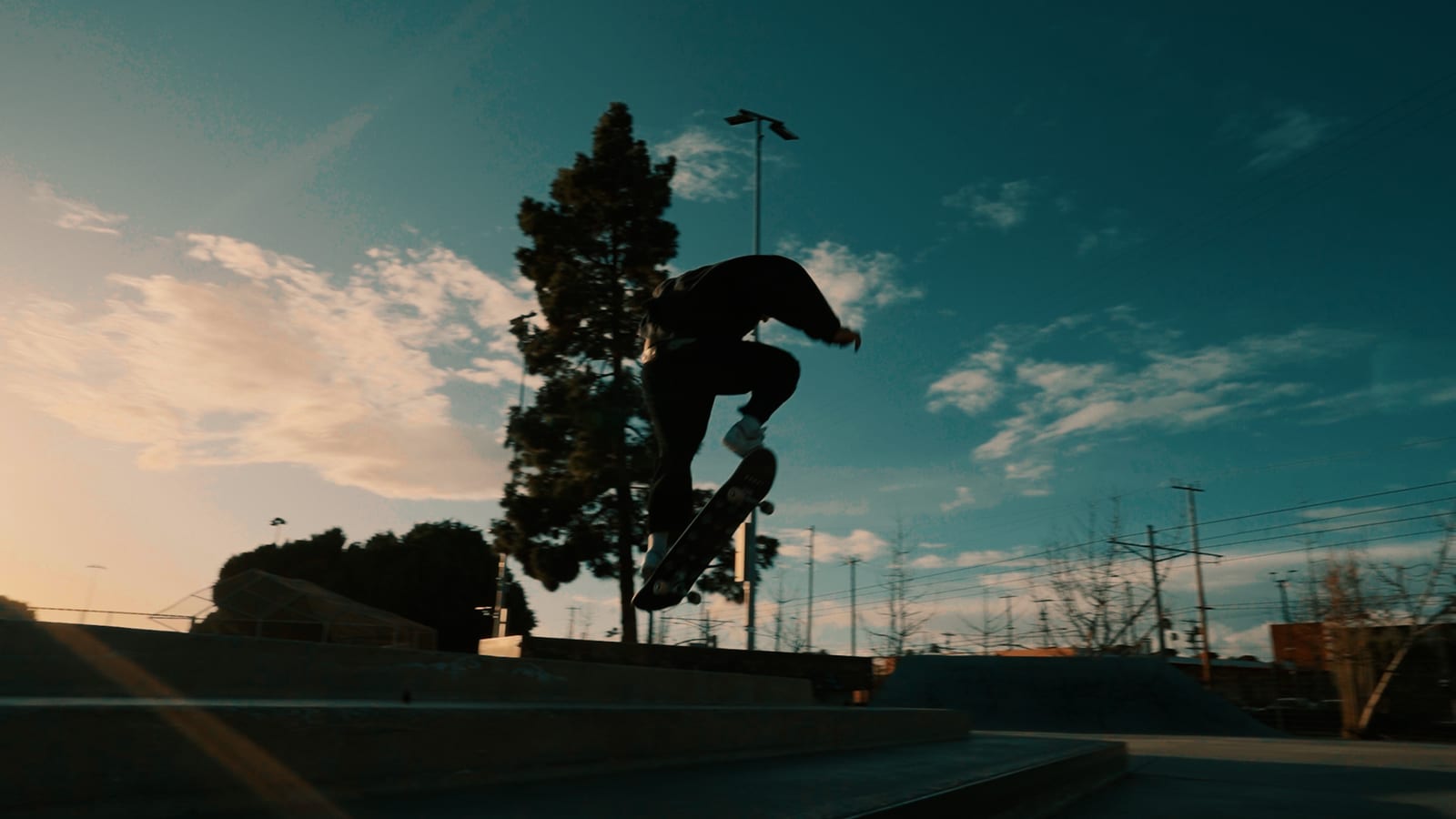 Skater mid-air over a ledge at a Los Angeles skatepark at dusk, from the documentary Luna